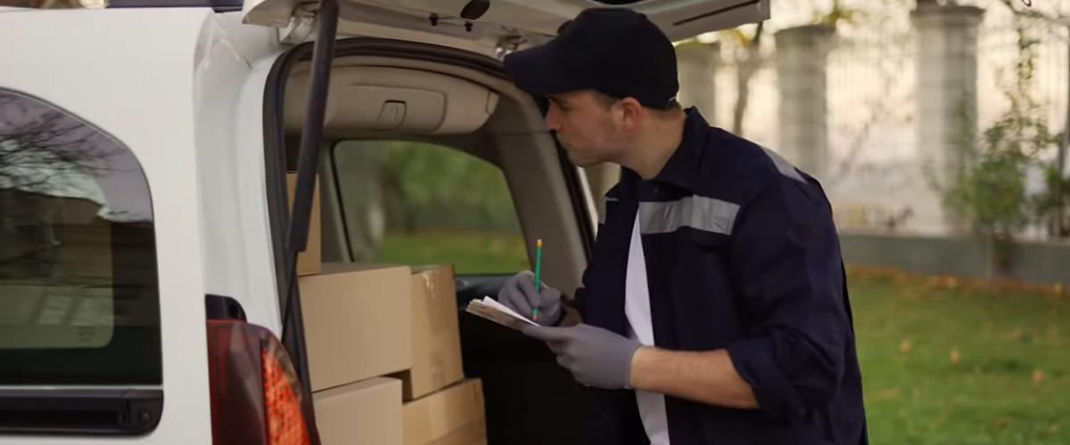 Moving truck and city skyline